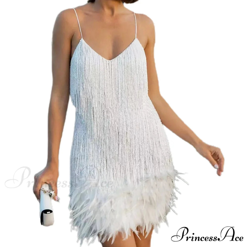 Feather Sequin Off-Shoulder Mini Party Dress White / S