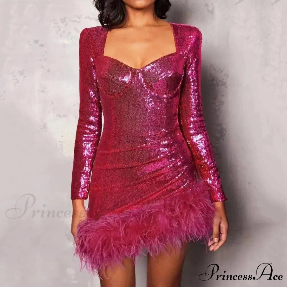 Feather Sequin Square Collar Party Dress Rose Red / S