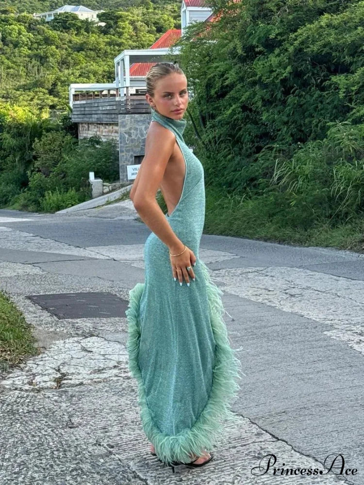 Feather Shinny Mock Turtleneck Party Dress