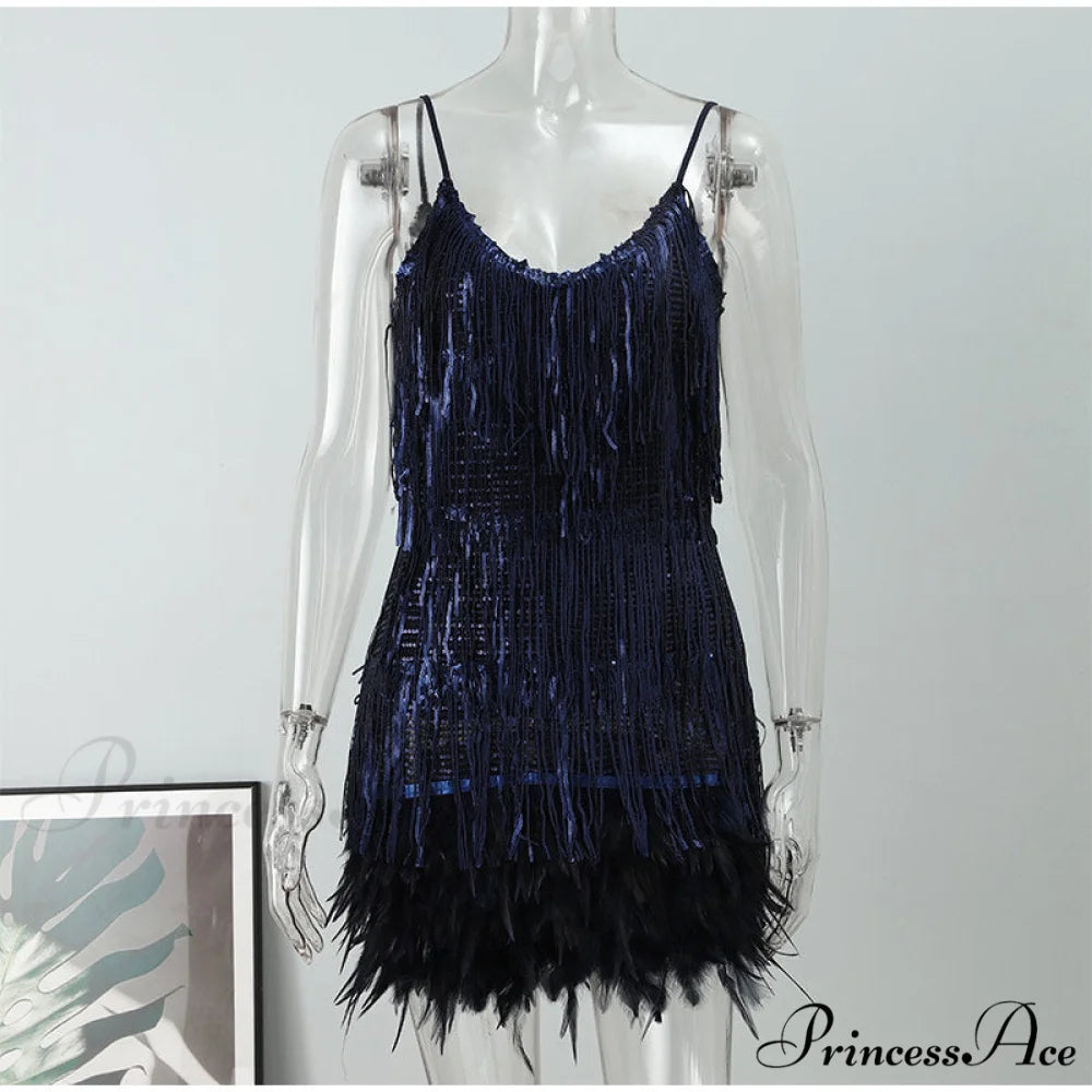 Feather Spaghetti Strap Sexy Stitching Mini Dress