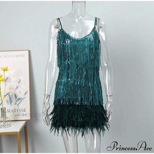 Feather Spaghetti Strap Sexy Stitching Mini Dress Green / S