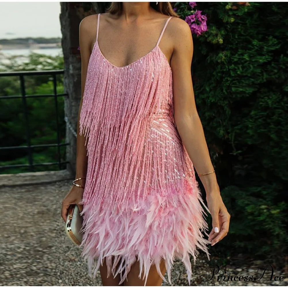 Feather Spaghetti Strap Sexy Stitching Mini Dress Pink / S