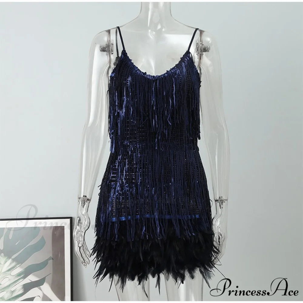 Feather Spaghetti Strap Sexy Stitching Mini Dress Purple / S