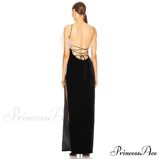 Feather Split Maxi Party Dress
