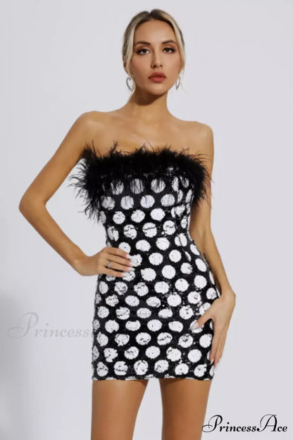 Feather Trim Polka Charming Dot Sequin Dress