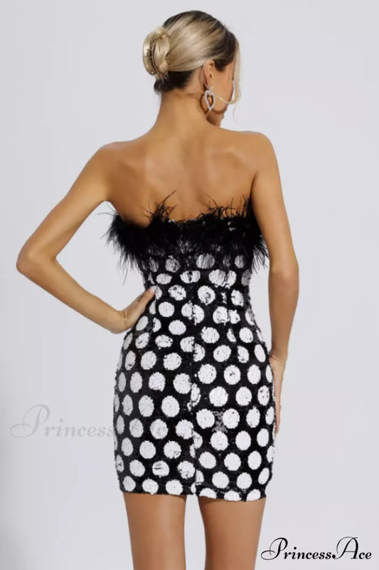 Feather Trim Polka Charming Dot Sequin Dress