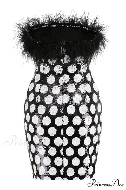 Feather Trim Polka Charming Dot Sequin Dress