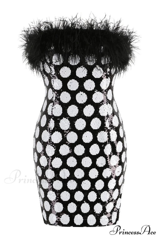 Feather Trim Polka Charming Dot Sequin Dress XS / Black