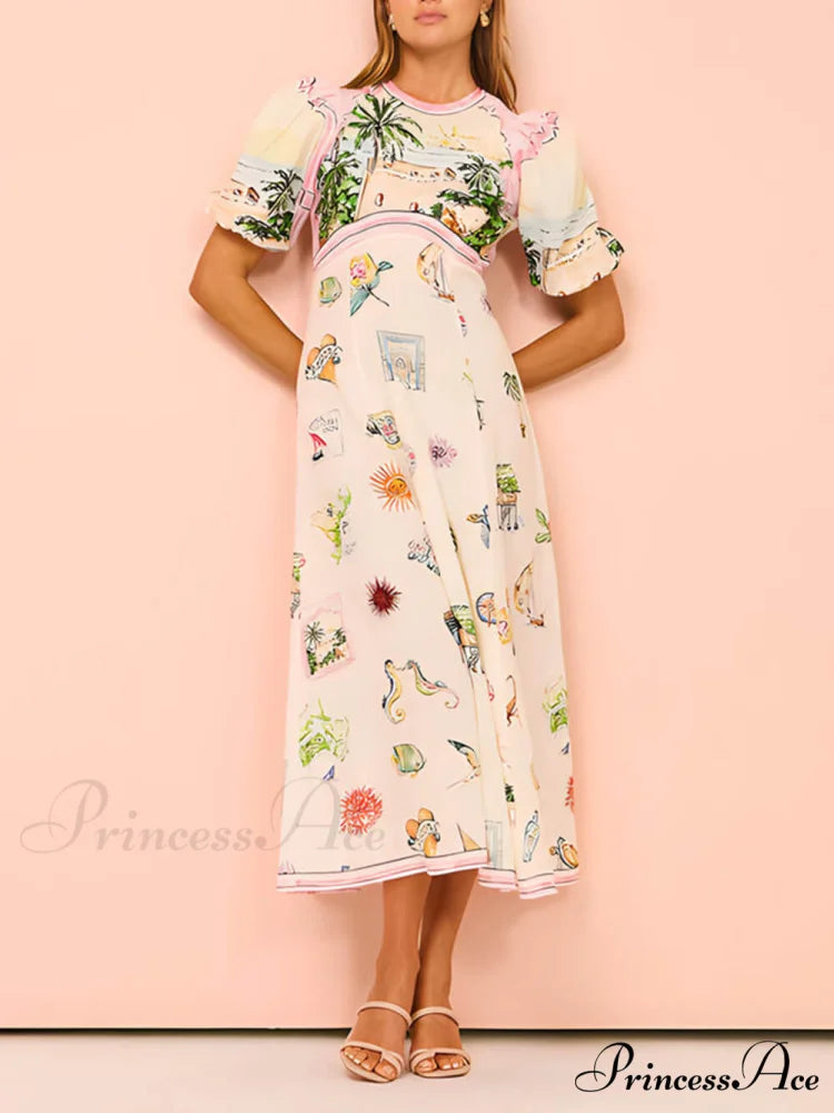 Feature Printed Ethnic Style Graceful Round Neck Midi Dress