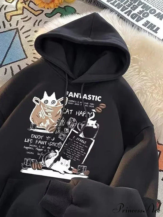 Feline Cartoon Printed Pullover Hoodie Black / M(40-45KG) hoodies-241228