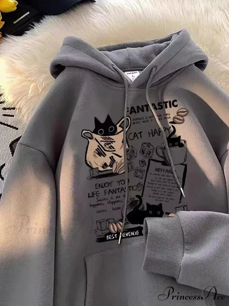 Feline Cartoon Printed Pullover Hoodie Dark Grey / M(40-45KG) hoodies-241228
