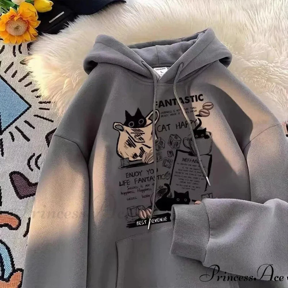 Feline Cartoon Printed Pullover Hoodie hoodies-241228