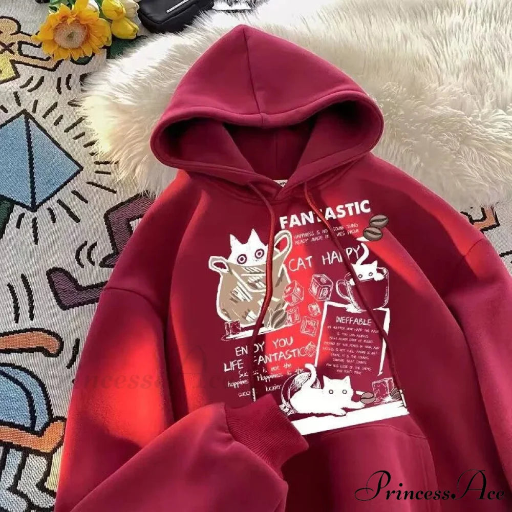 Feline Cartoon Printed Pullover Hoodie hoodies-241228