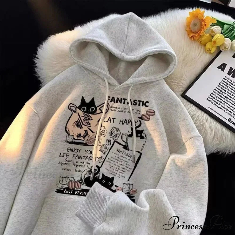 Feline Cartoon Printed Pullover Hoodie hoodies-241228