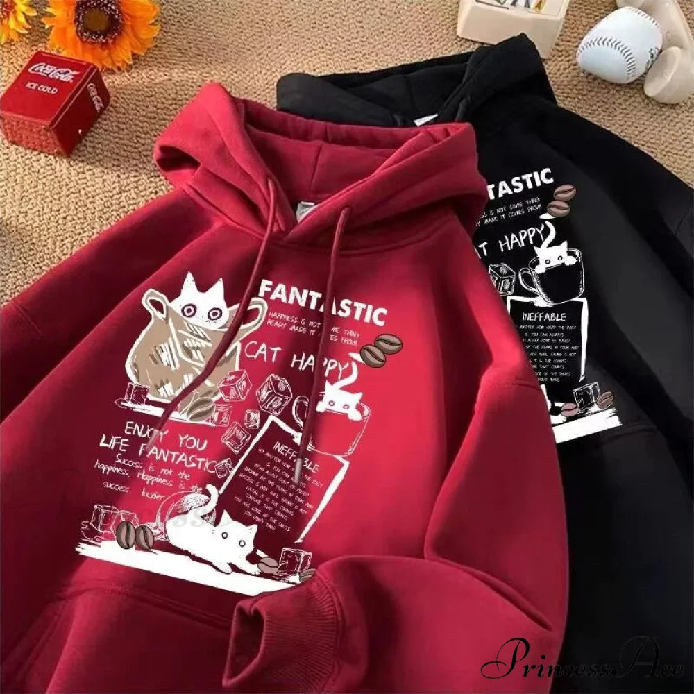 Feline Cartoon Printed Pullover Hoodie hoodies-241228