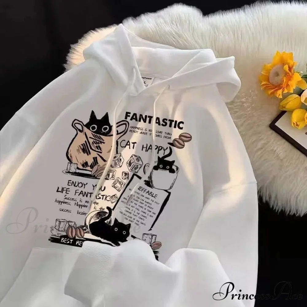 Feline Cartoon Printed Pullover Hoodie hoodies-241228