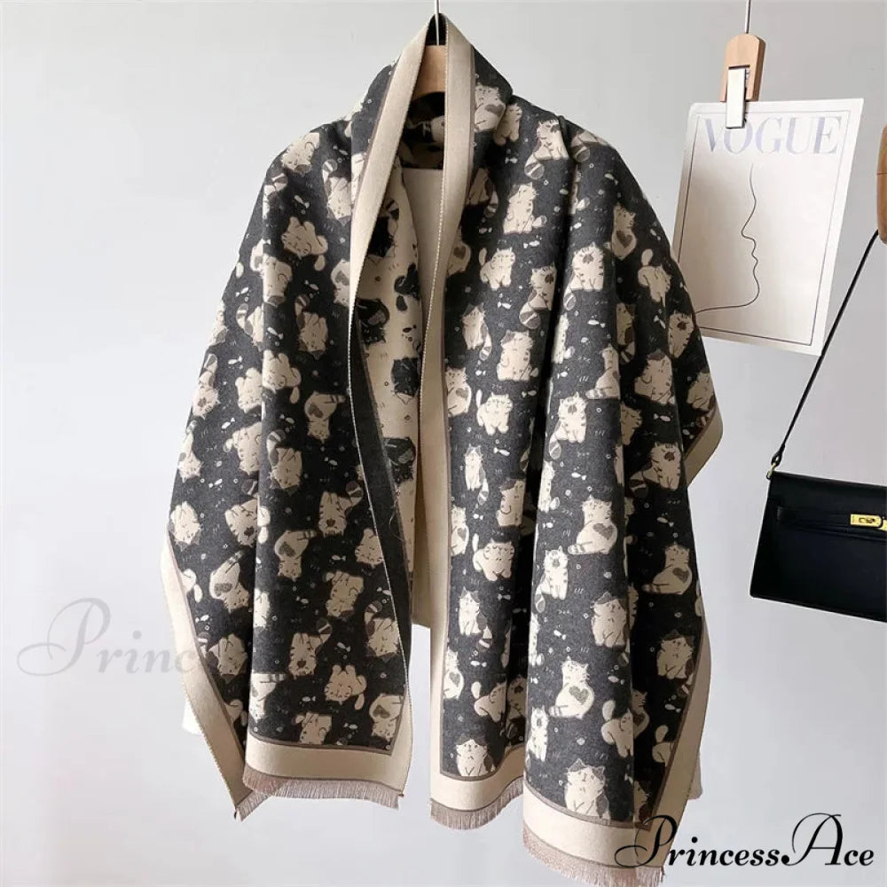 Feline Pattern Cashmere Winter Cozy Scarf black1 scarf-241228