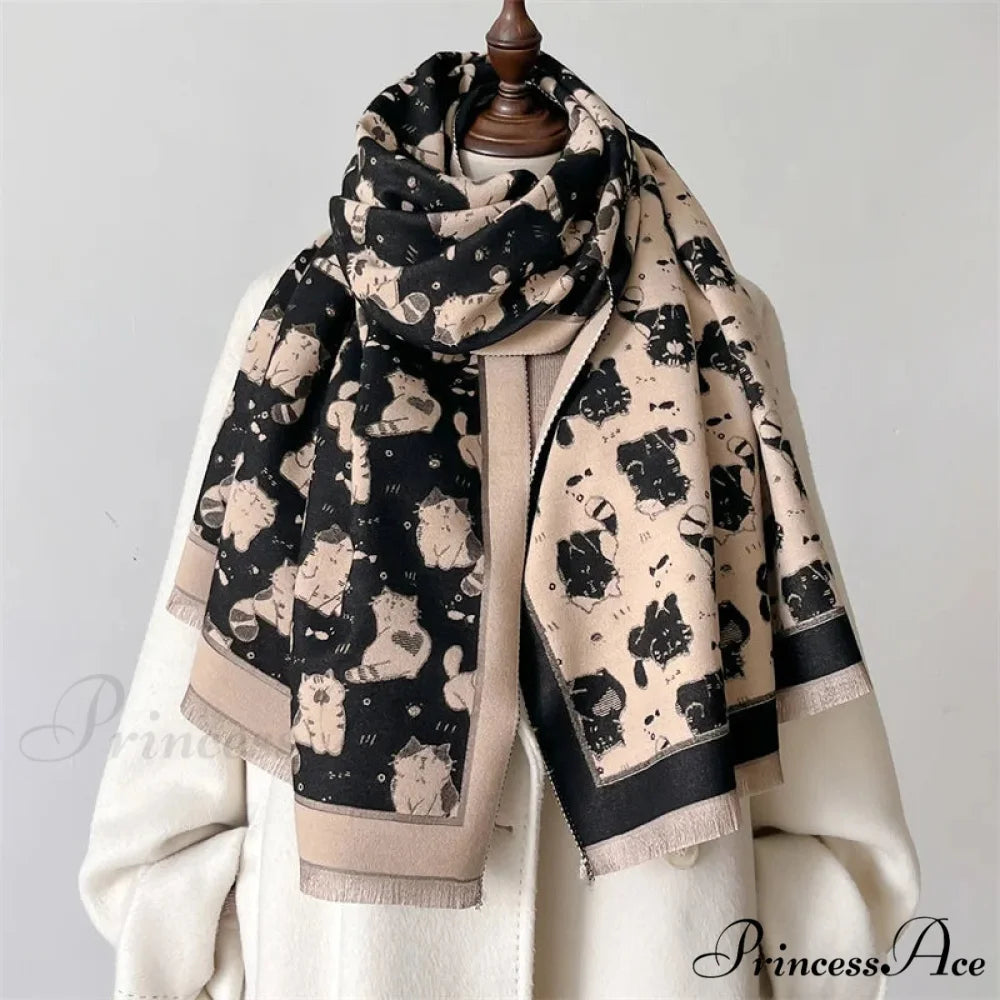 Feline Pattern Cashmere Winter Cozy Scarf black2 scarf-241228