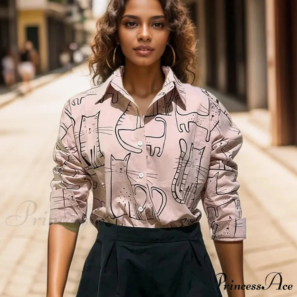 Feline Pattern Extended Sleeve Retro Informal Blouse blouse-250126