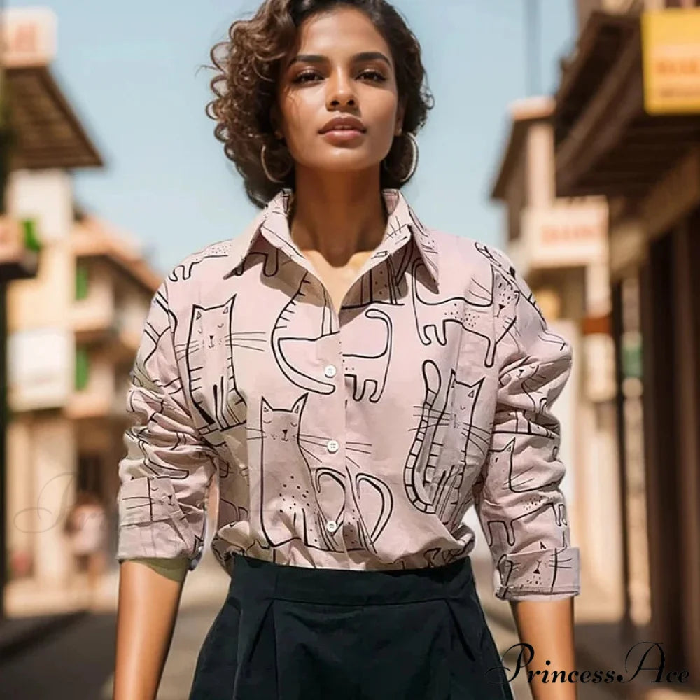 Feline Pattern Extended Sleeve Retro Informal Blouse blouse-250126