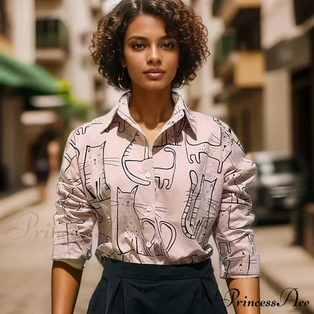 Feline Pattern Extended Sleeve Retro Informal Blouse Pink / S blouse-250126