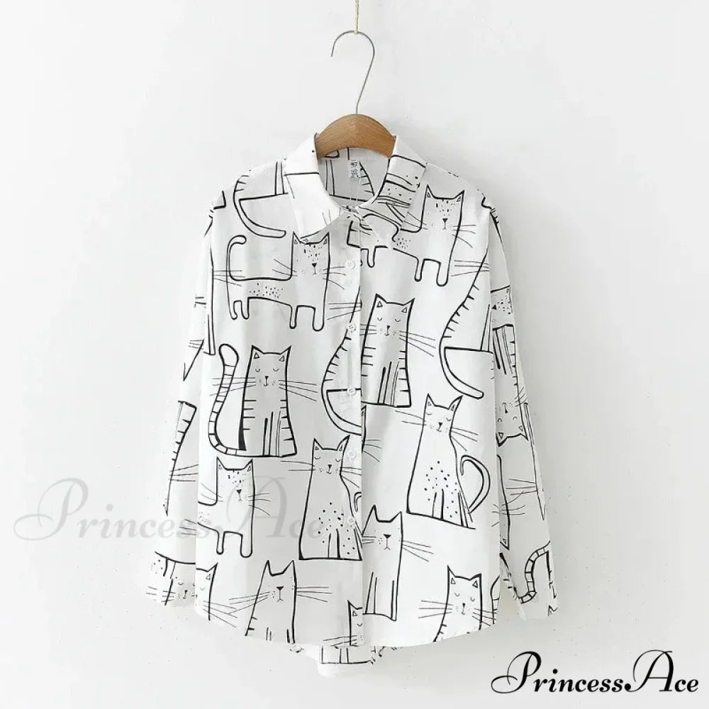Feline Pattern Extended Sleeve Retro Informal Blouse WHITE / S blouse-250126
