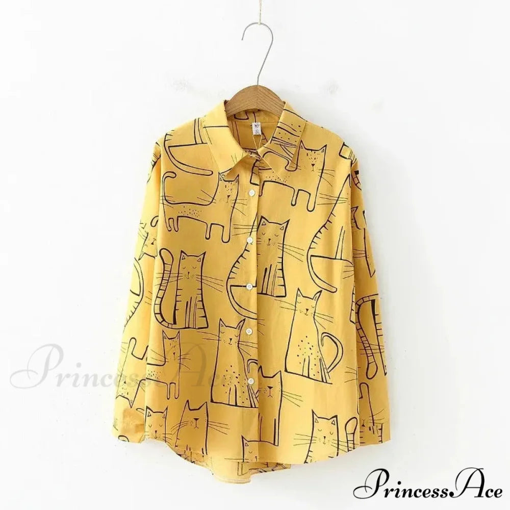 Feline Pattern Extended Sleeve Retro Informal Blouse Yellow / S blouse-250126