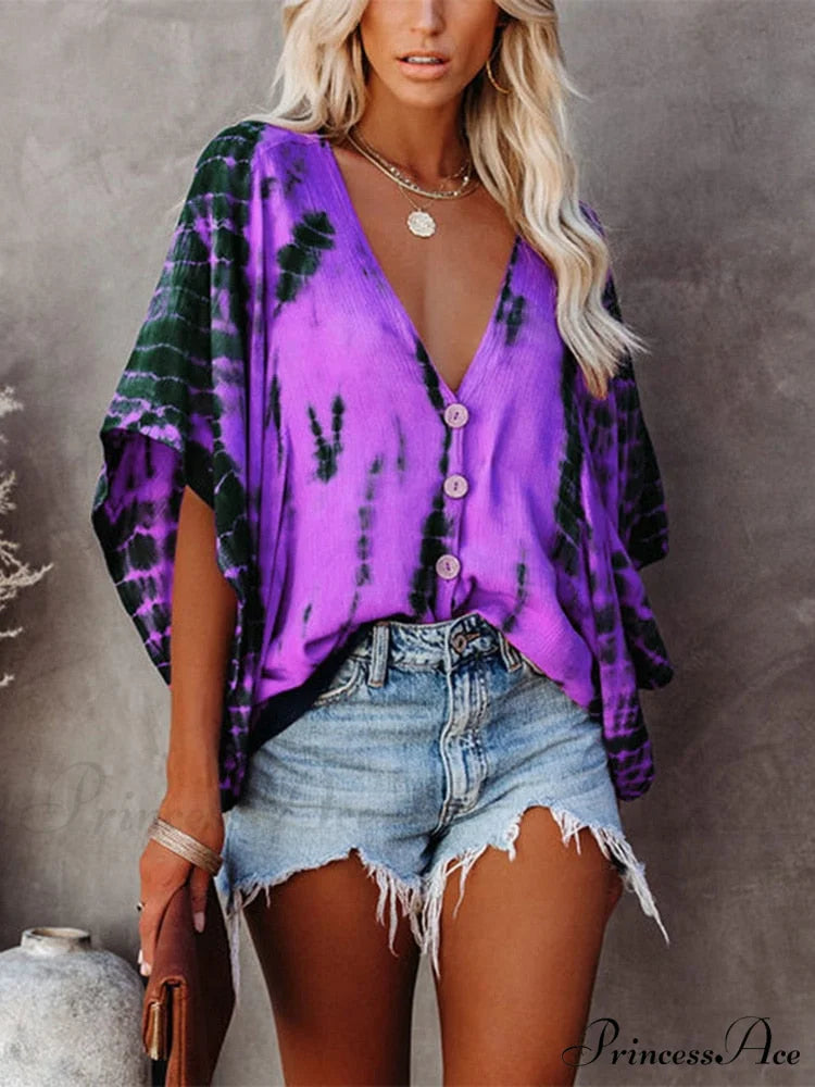 Female Arm Button Casual Top Batwing Loose Design Vintage Cardigan purple / S
