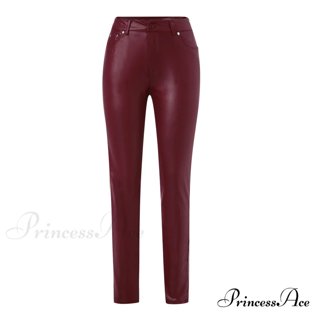 Female Leather Leggings Pants Burgundy / XS