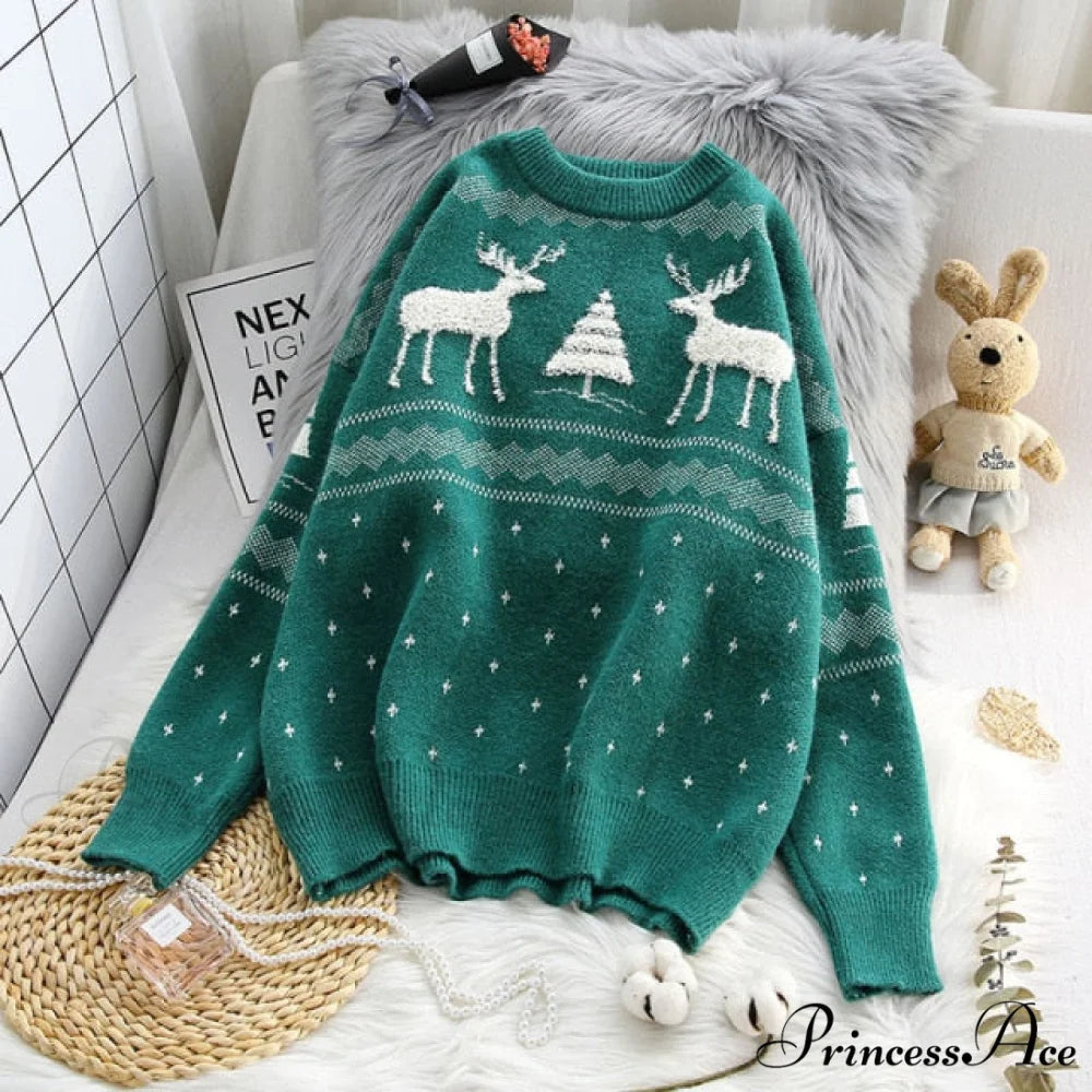 Female Loose Outwear Thickened Knitted Sweater Green / One Size