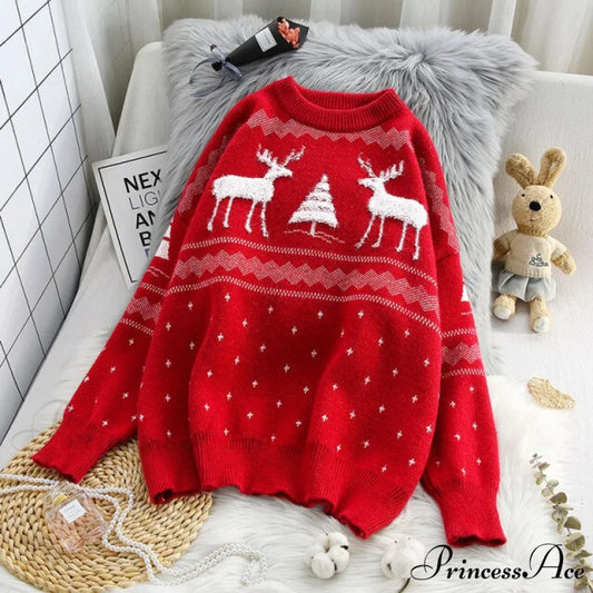 Female Loose Outwear Thickened Knitted Sweater Red / One Size