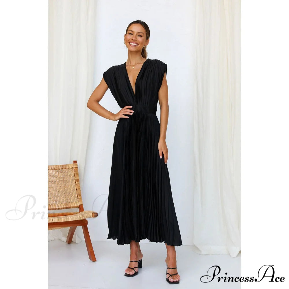 Female Loose Zipper Trendy Pleated Party Dress Black / S