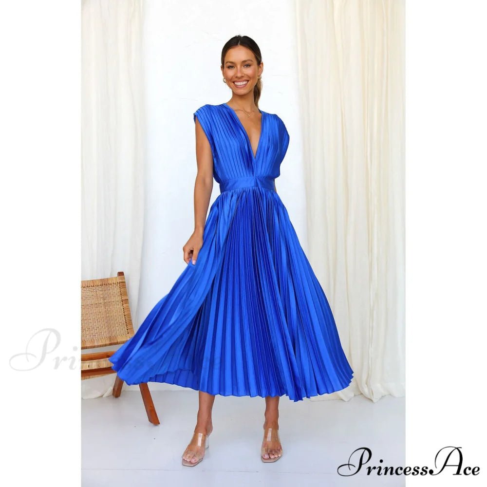 Female Loose Zipper Trendy Pleated Party Dress Blue / S
