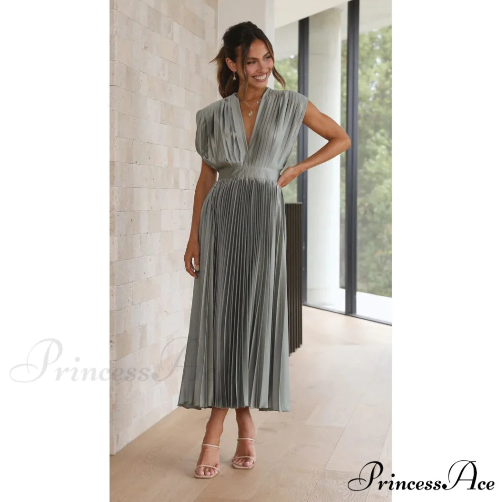 Female Loose Zipper Trendy Pleated Party Dress Gray / S