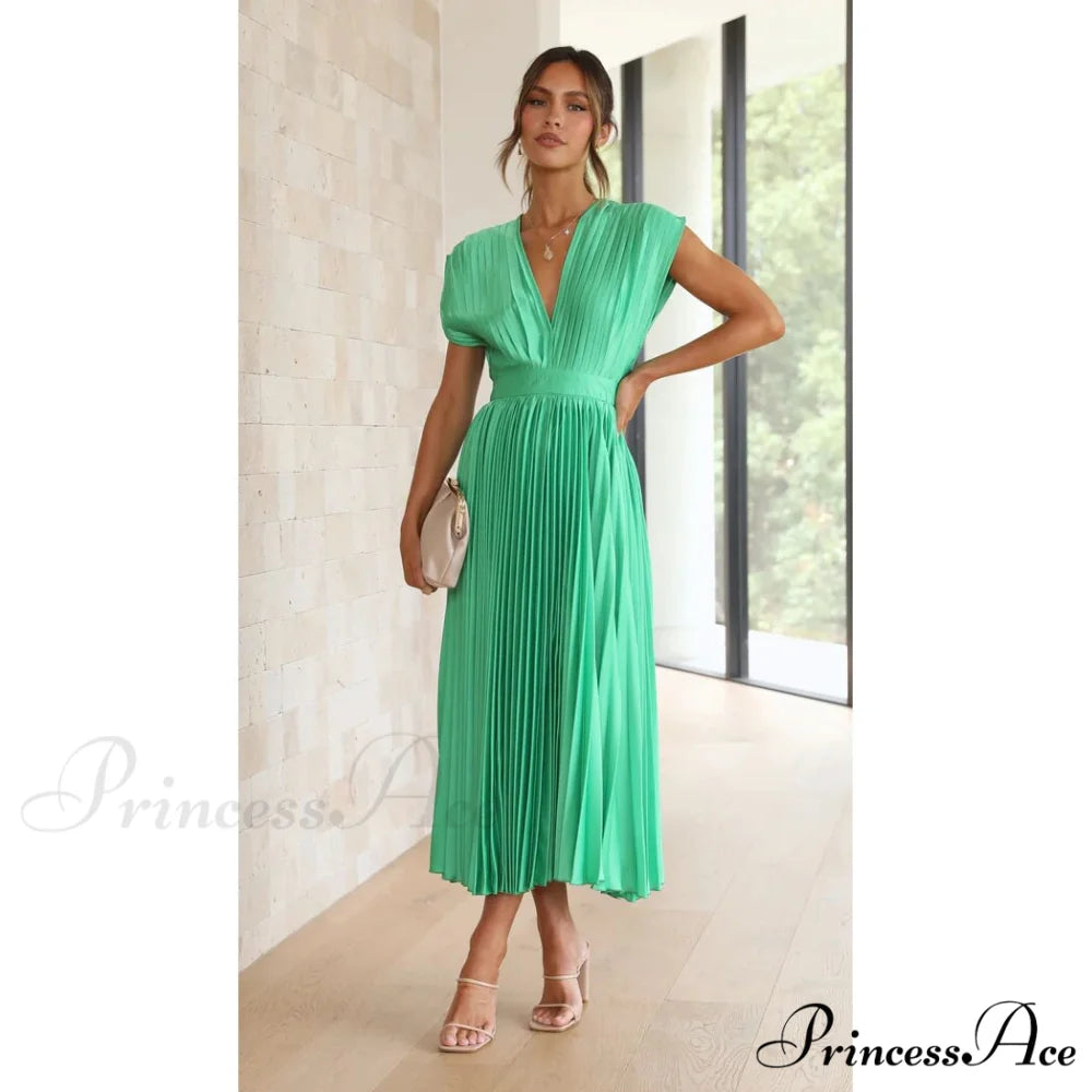 Female Loose Zipper Trendy Pleated Party Dress Green / S