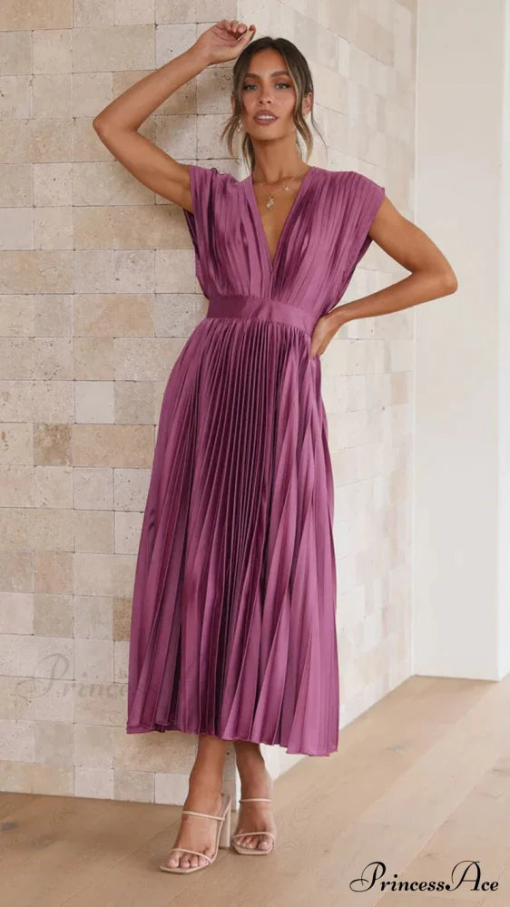 Female Loose Zipper Trendy Pleated Party Dress Purple / S