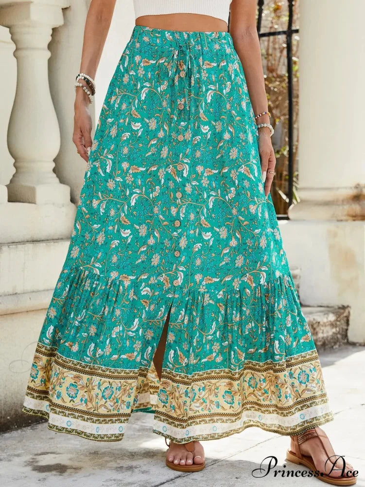 Females Boho Long Skirts Button Up Flowered A-line Hippie Stylish Lake Blue / S skirt-250126