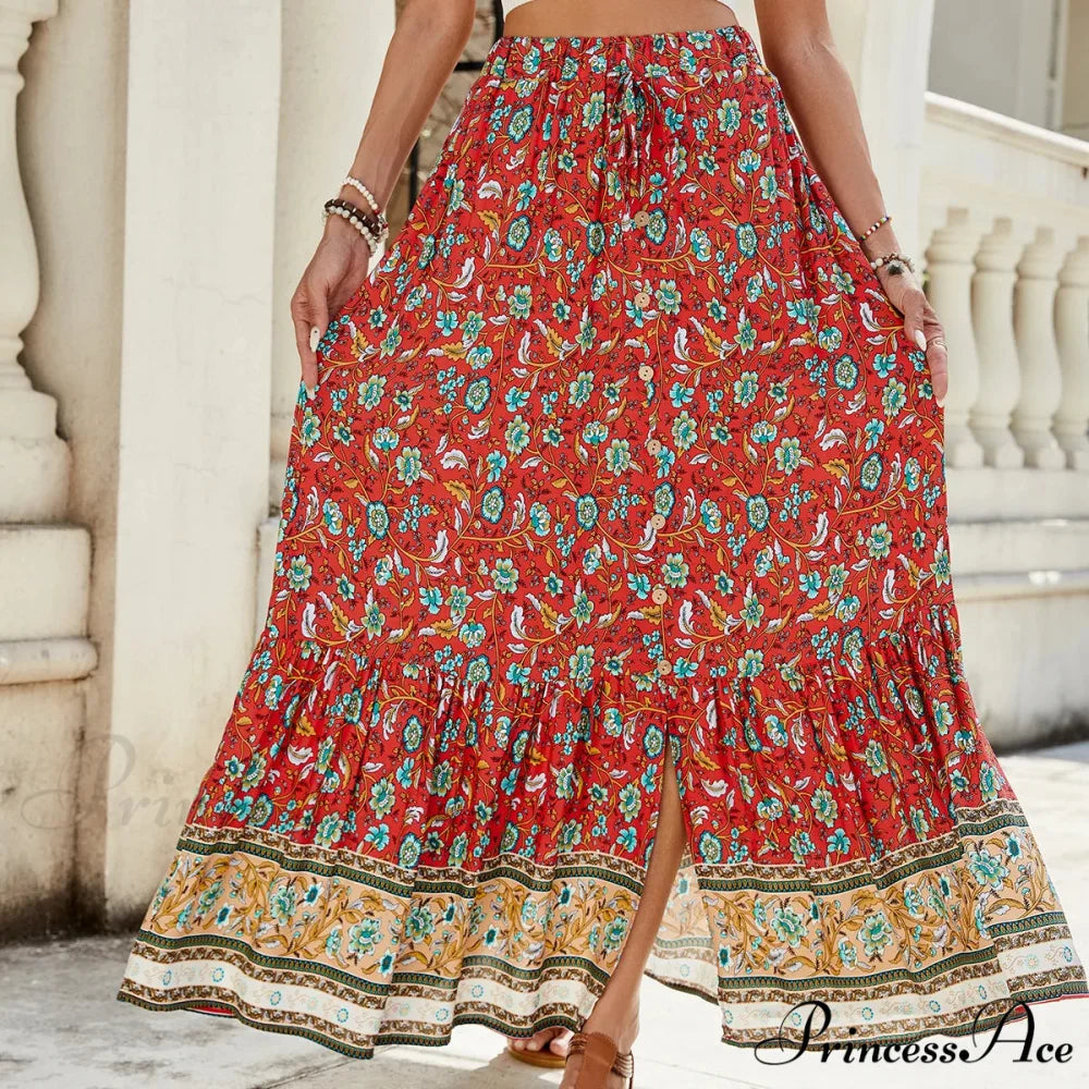 Females Boho Long Skirts Button Up Flowered A-line Hippie Stylish Red / S skirt-250126