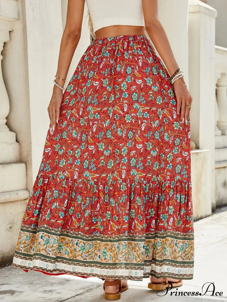 Females Boho Long Skirts Button Up Flowered A-line Hippie Stylish skirt-250126