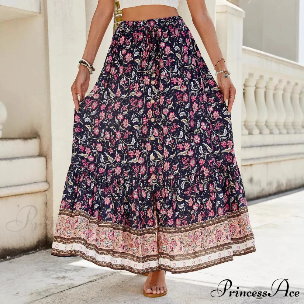 Females Boho Long Skirts Button Up Flowered A-line Hippie Stylish skirt-250126