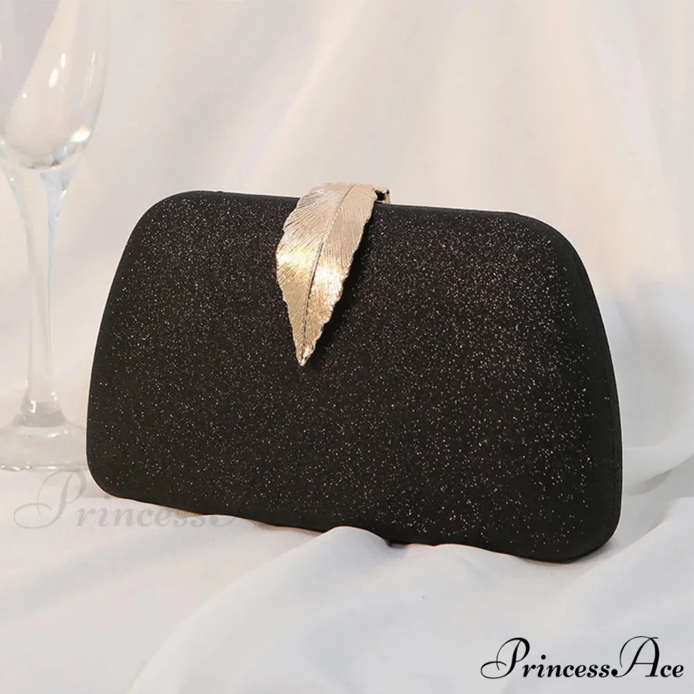 Females Foliage Pattern Clutch Bag Sparkle Chain Purse Black clutchbag-250126