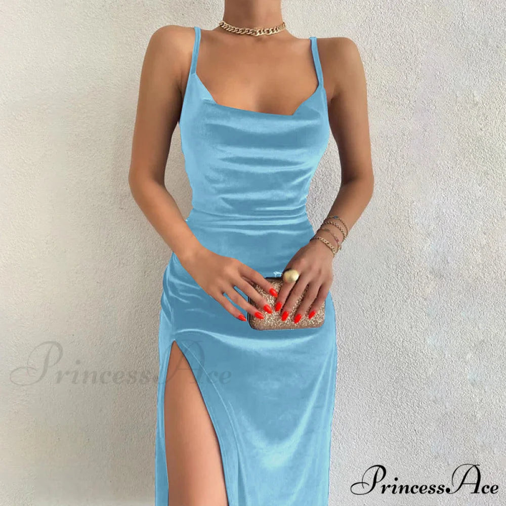 Festive Cheer Velvet Charming Slit Midi Dress BLUE / S