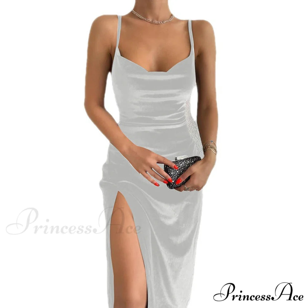 Festive Cheer Velvet Charming Slit Midi Dress WHITE / S