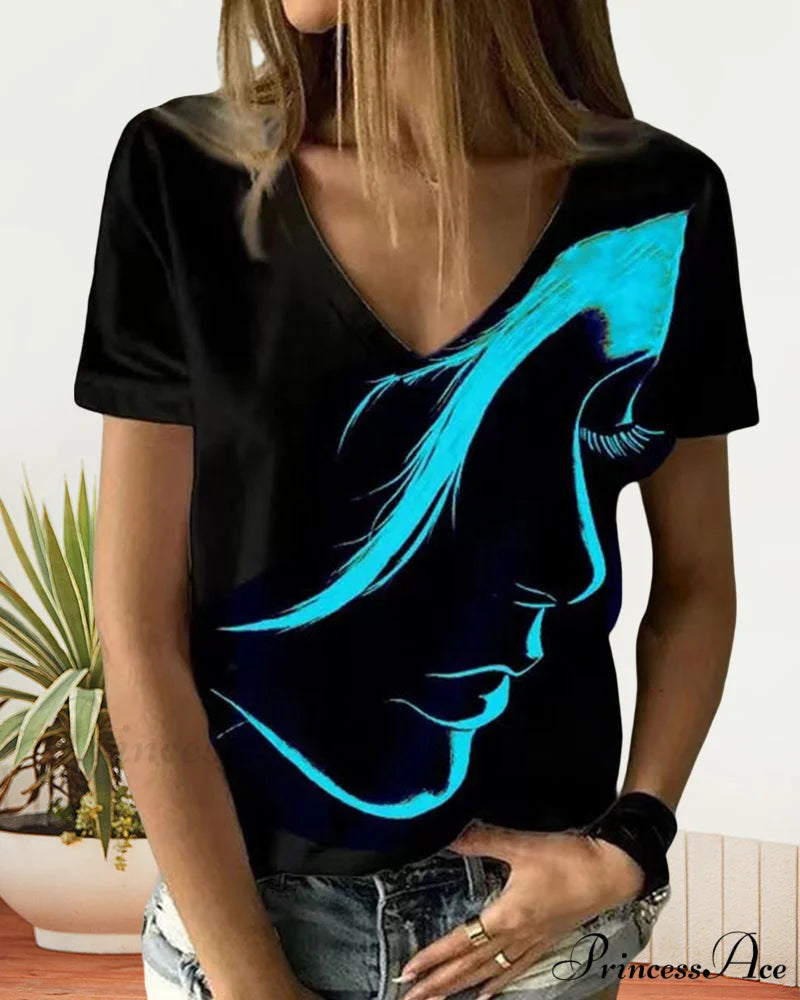 Figure with V-neck T-shirt Print
