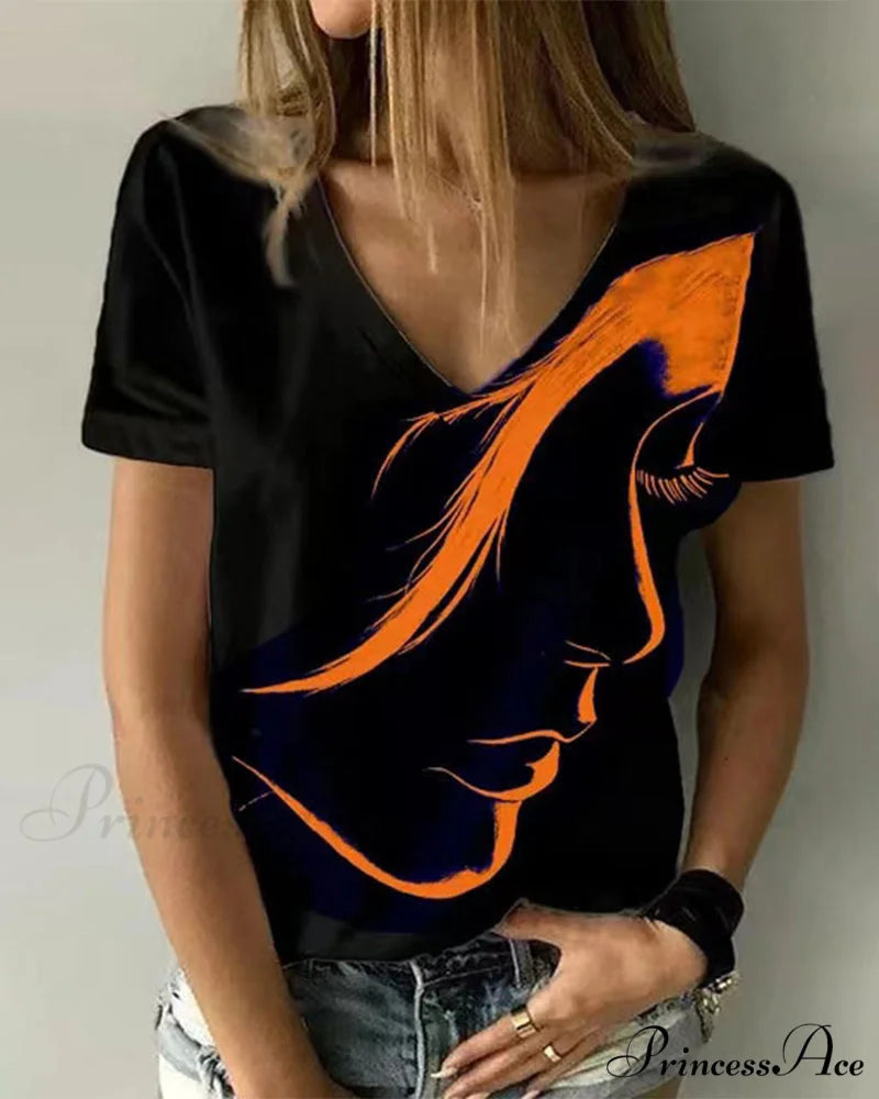 Figure with V-neck T-shirt Print Orange / S