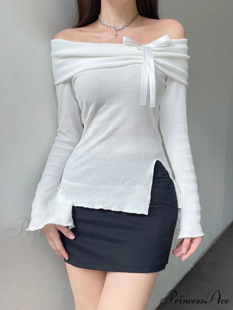 Firm Bow Divided Cut Neck Slim Flare Sleeve Extended Sleeve Knit Top WHITE / S knittop-250126