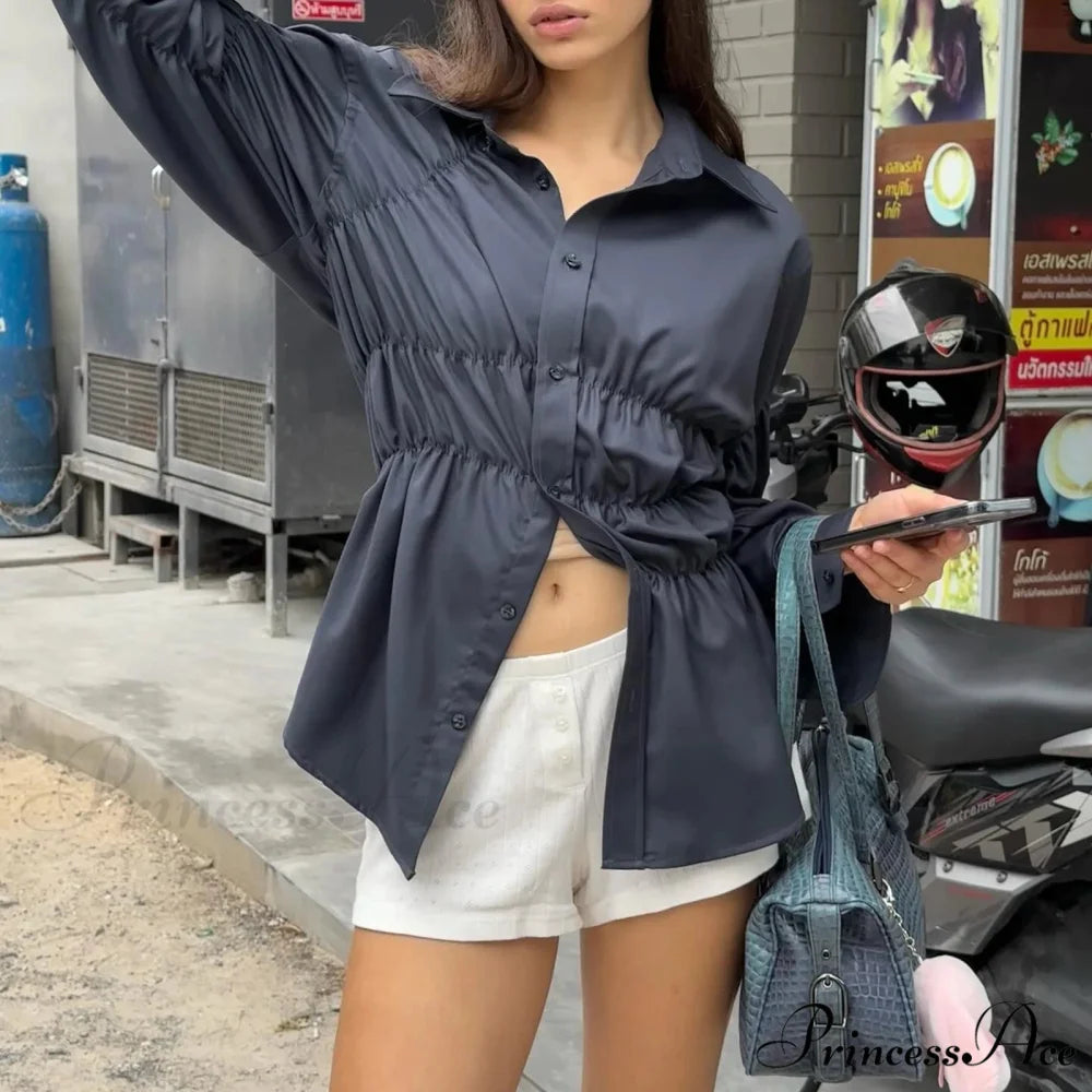 Firm Gathered Neck Blouse Navy Blue / S blouse-250223