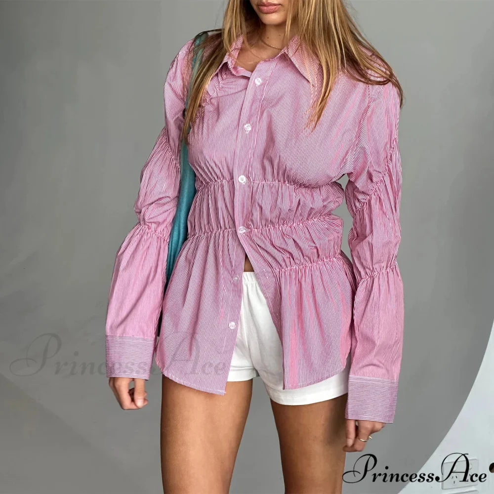 Firm Gathered Neck Blouse Pink / S blouse-250223