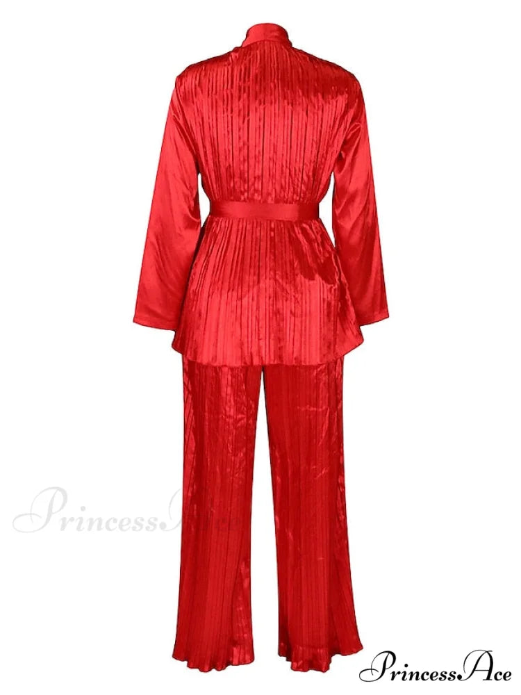 Fit Fuchsia - Pants Sets Casual Spring V White Color Daily & - Fashion Solid - Long Blouse - Red Neck - Regular Women’s