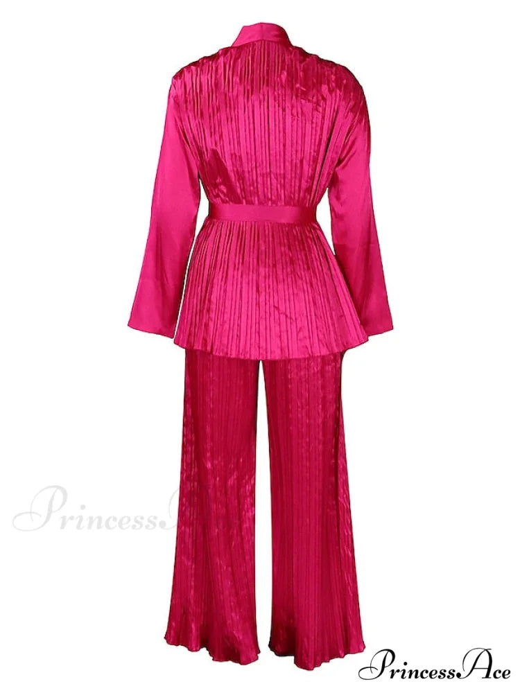 Fit Fuchsia - Pants Sets Casual Spring V White Color Daily & - Fashion Solid - Long Blouse - Red Neck - Regular Women’s